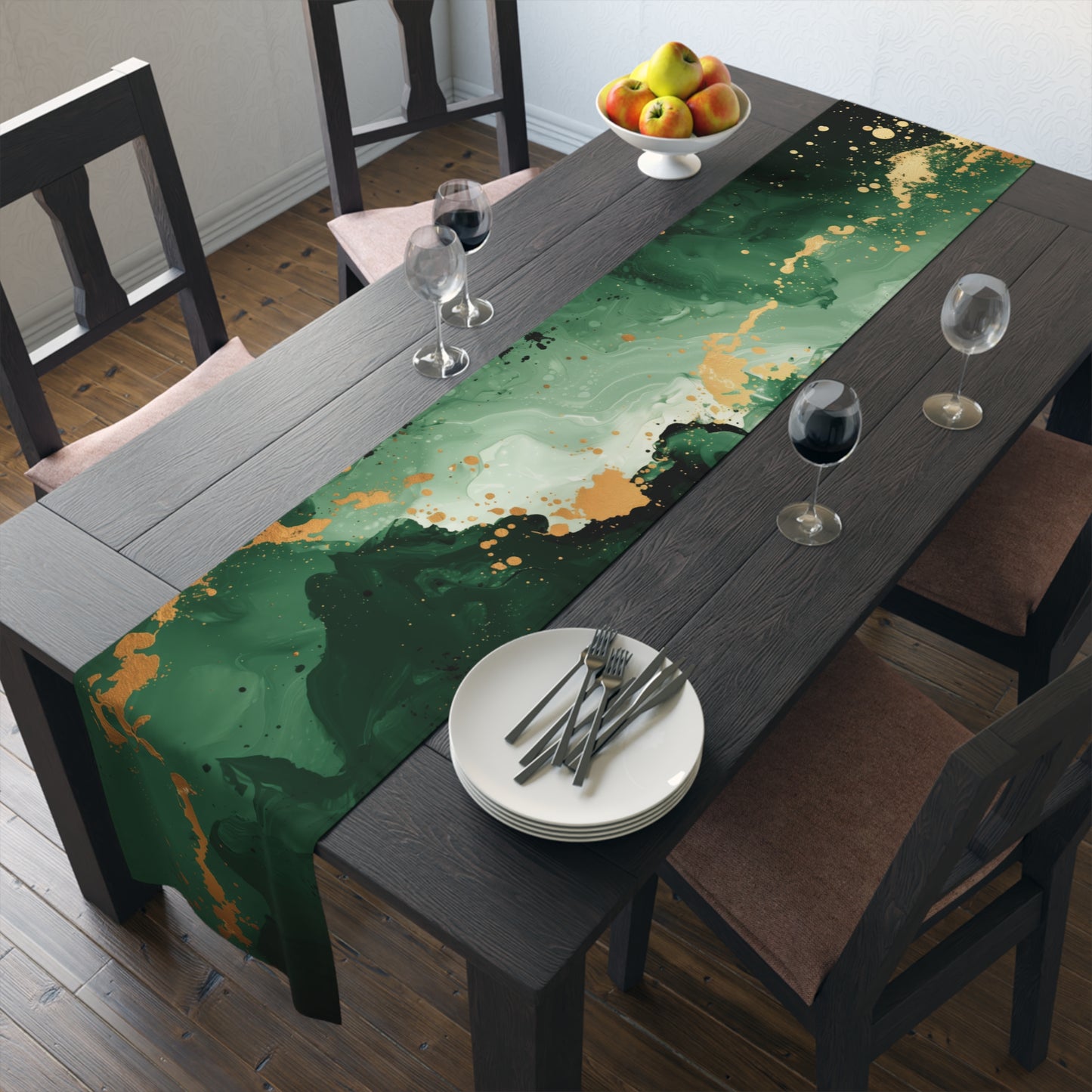 Brushstroke Table Runner, Green and Gold (Cotton, Poly)