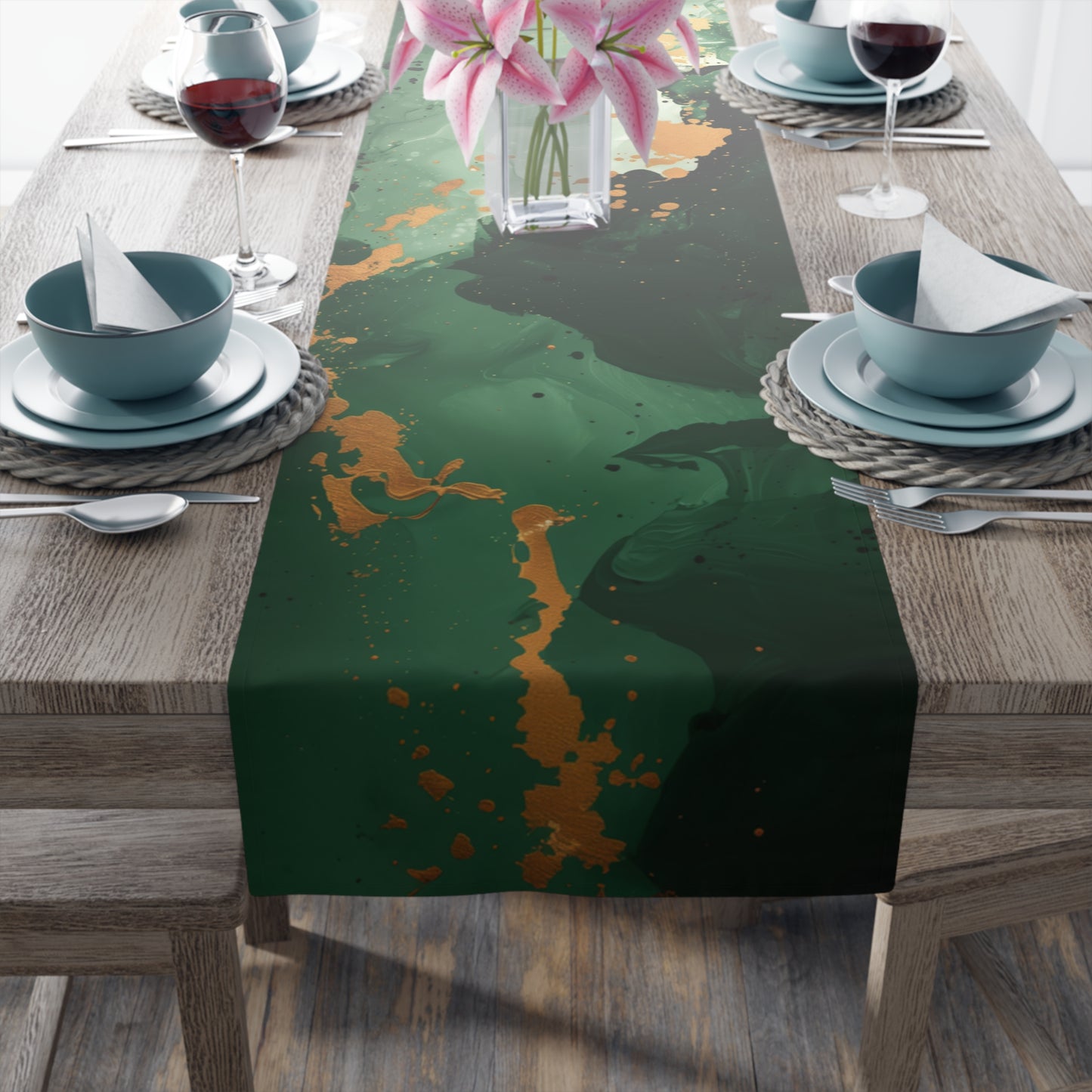 Brushstroke Table Runner, Green and Gold (Cotton, Poly)