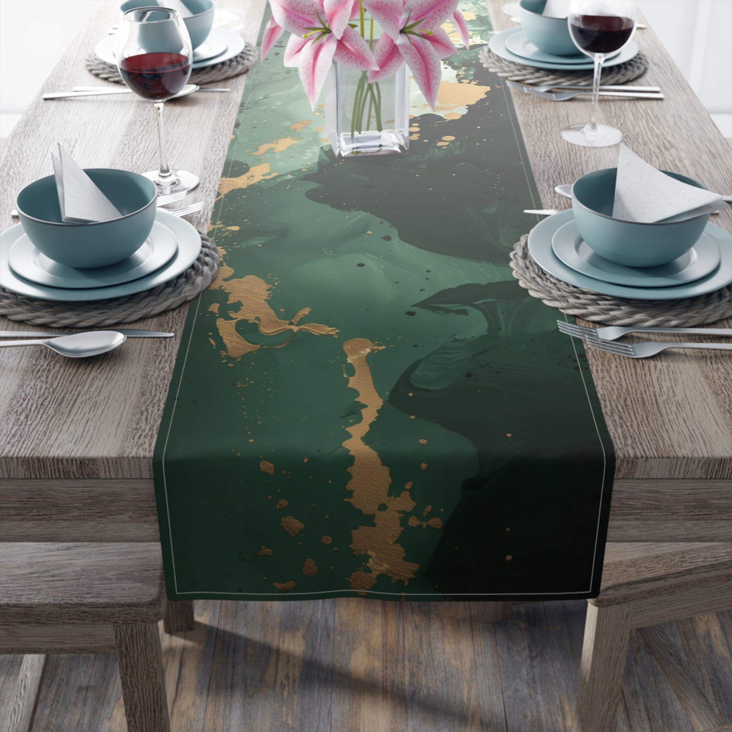 Brushstroke Table Runner, Green and Gold (Cotton, Poly)