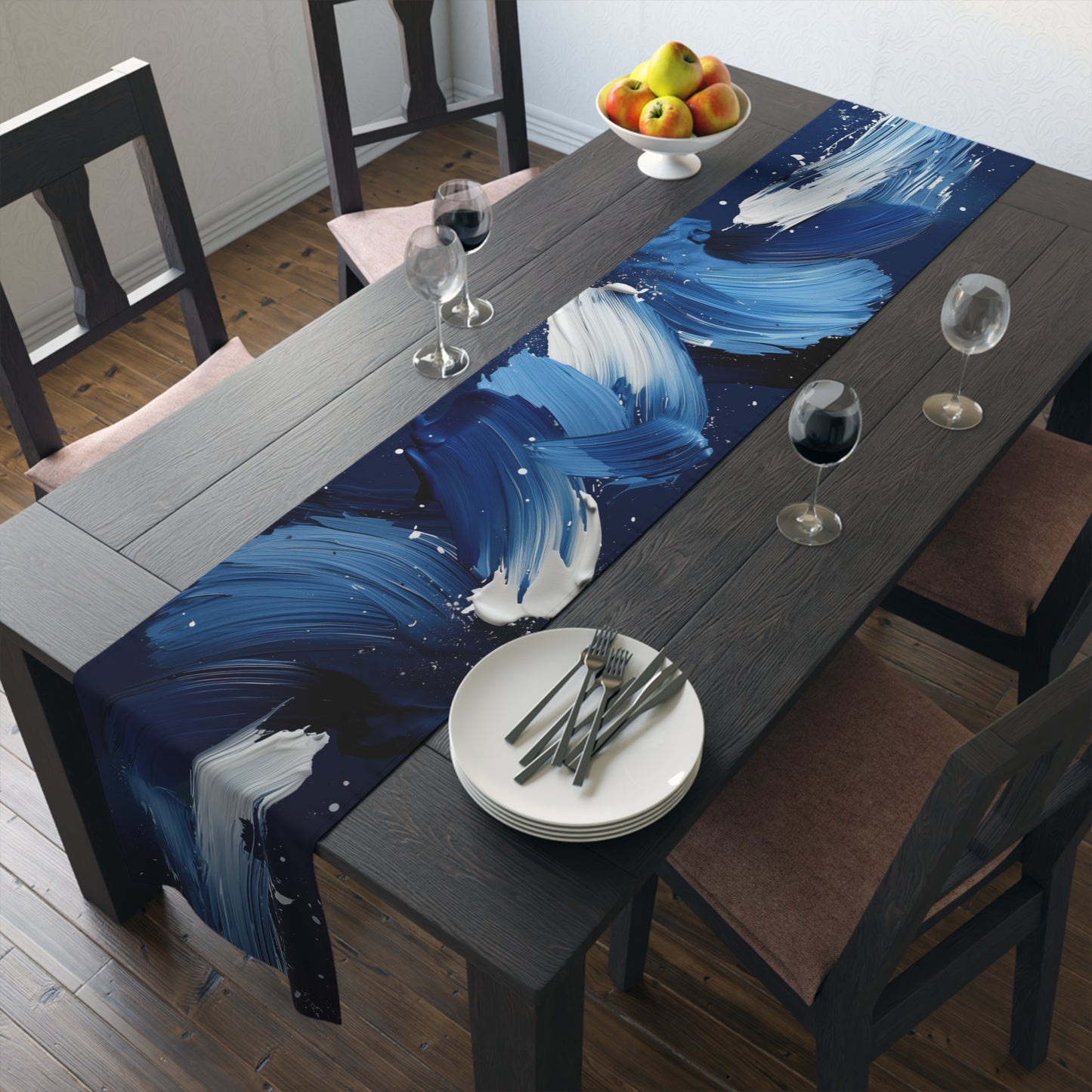 Brushstroke Table Runner, Blue, Black, and White (Cotton, Poly)