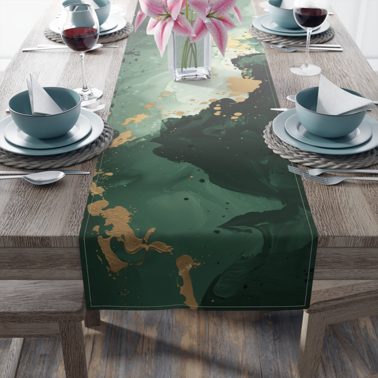 Brushstroke Table Runner, Green and Gold (Cotton, Poly)
