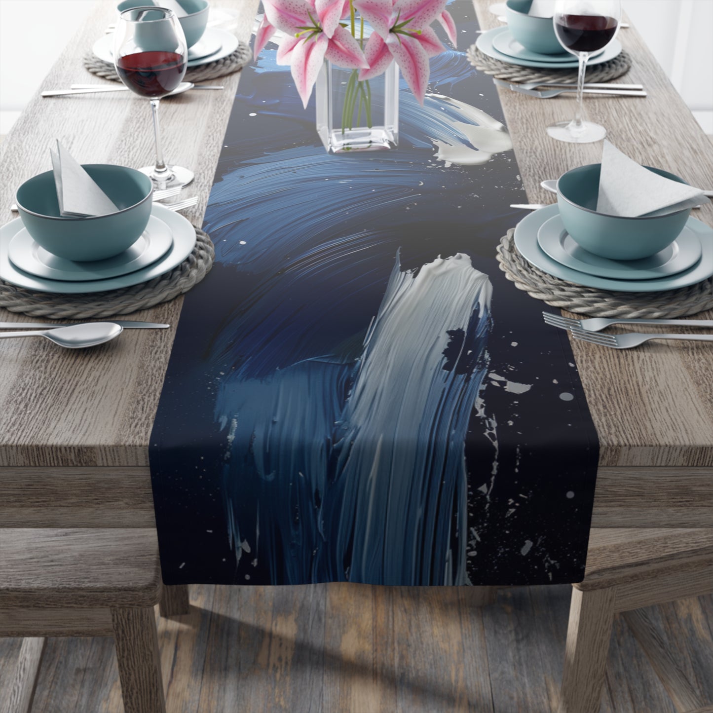 Brushstroke Table Runner, Blue, Black, and White (Cotton, Poly)