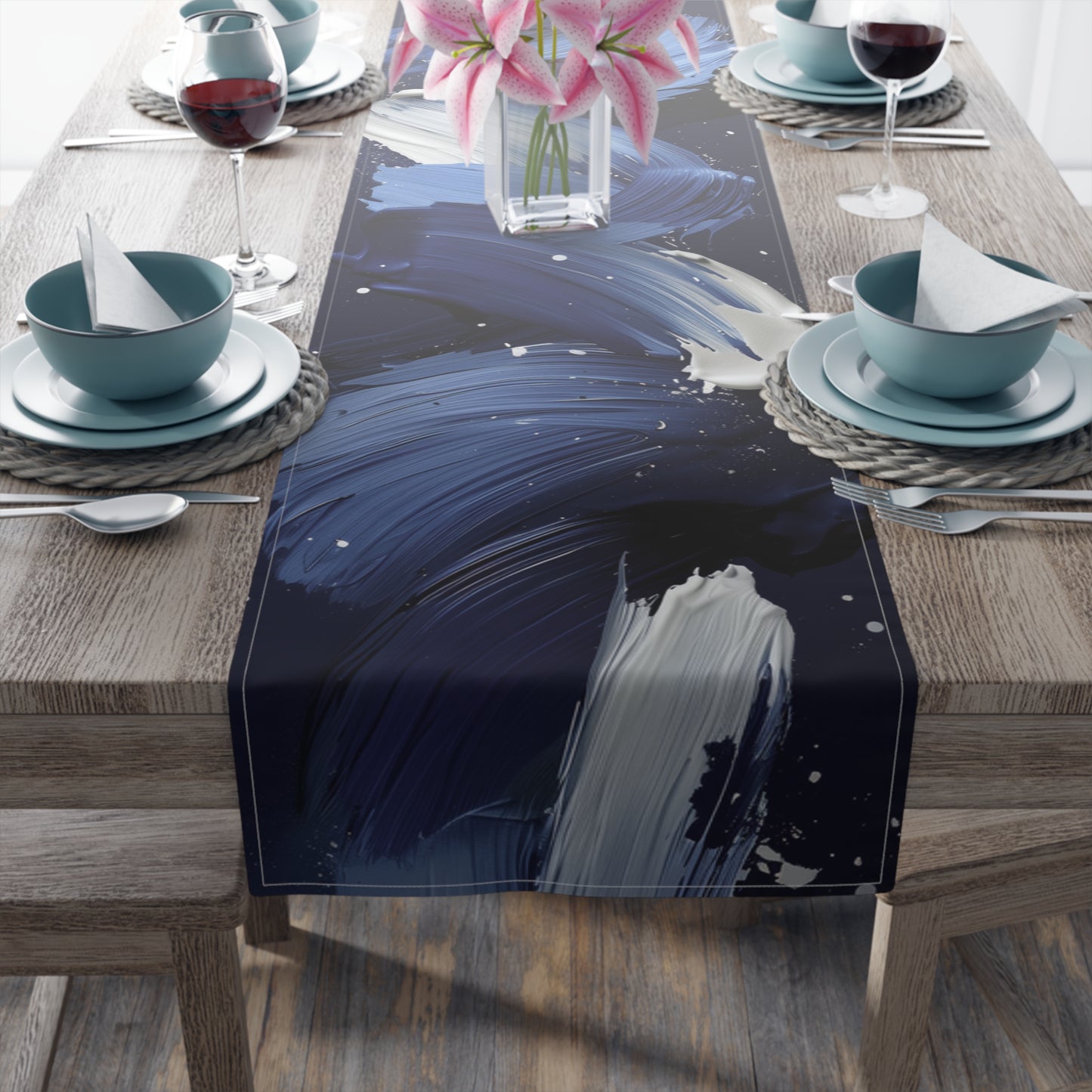 Brushstroke Table Runner, Blue, Black, and White (Cotton, Poly)