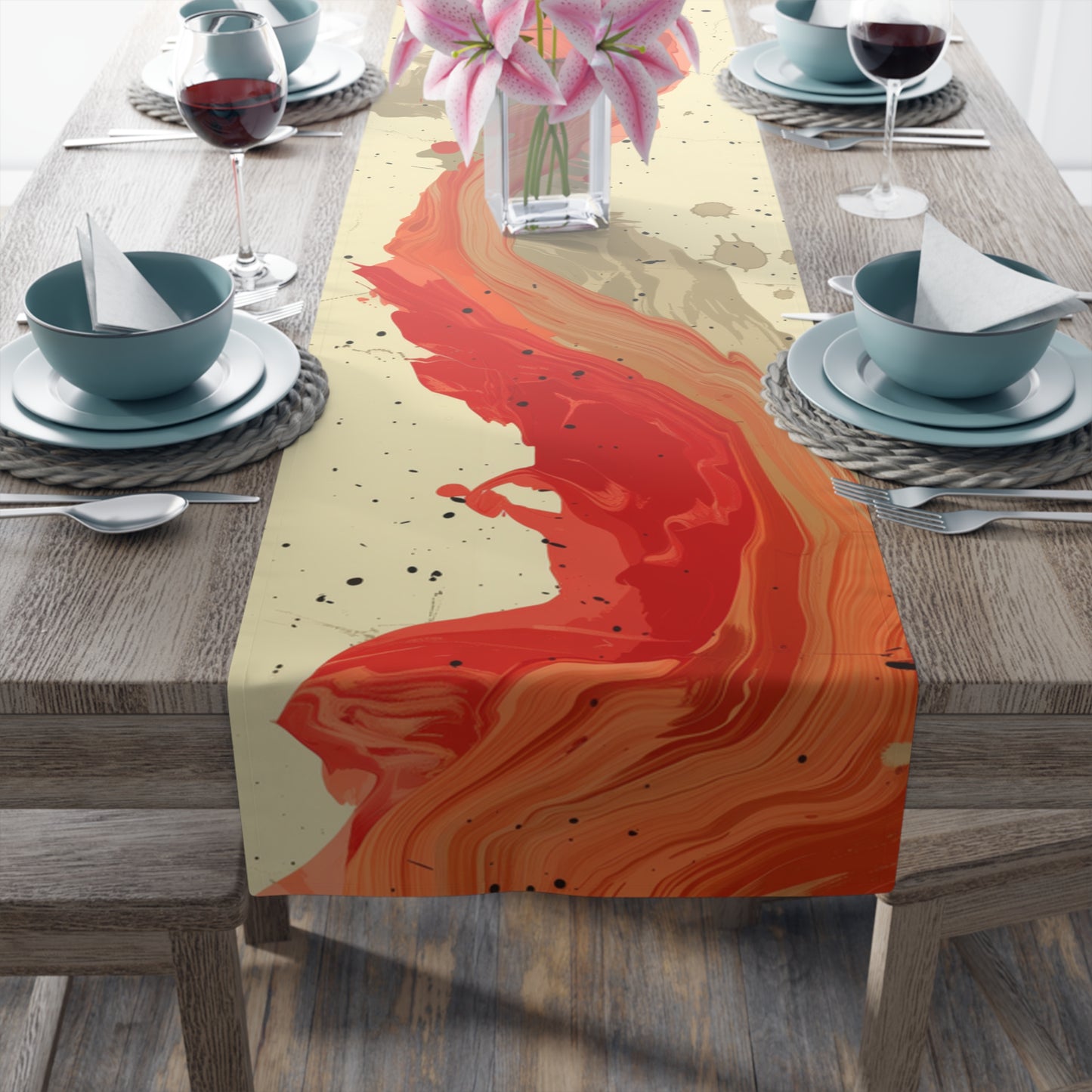 Brushstroke Table Runner, Creme and Orange (Cotton, Poly)