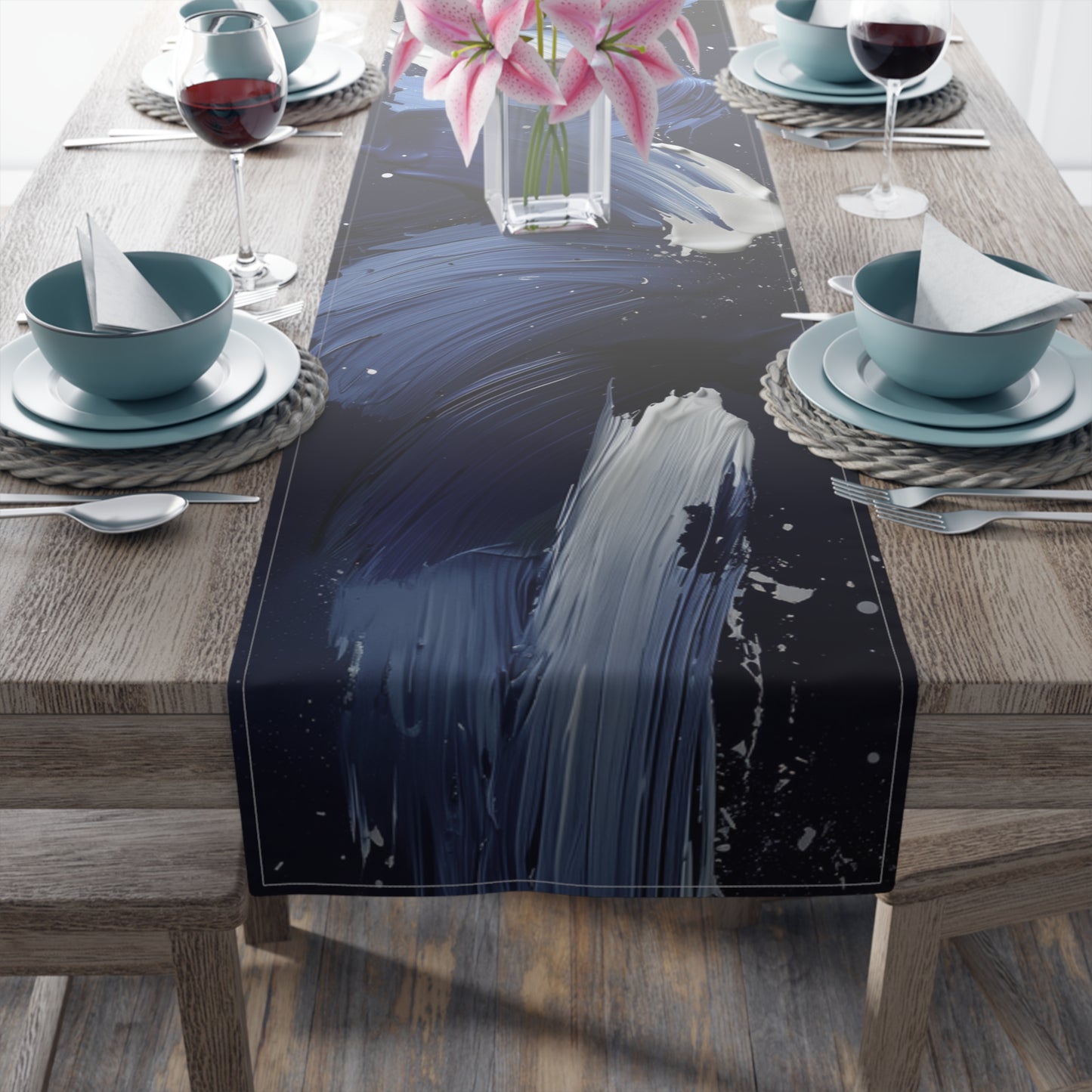 Brushstroke Table Runner, Blue, Black, and White (Cotton, Poly)