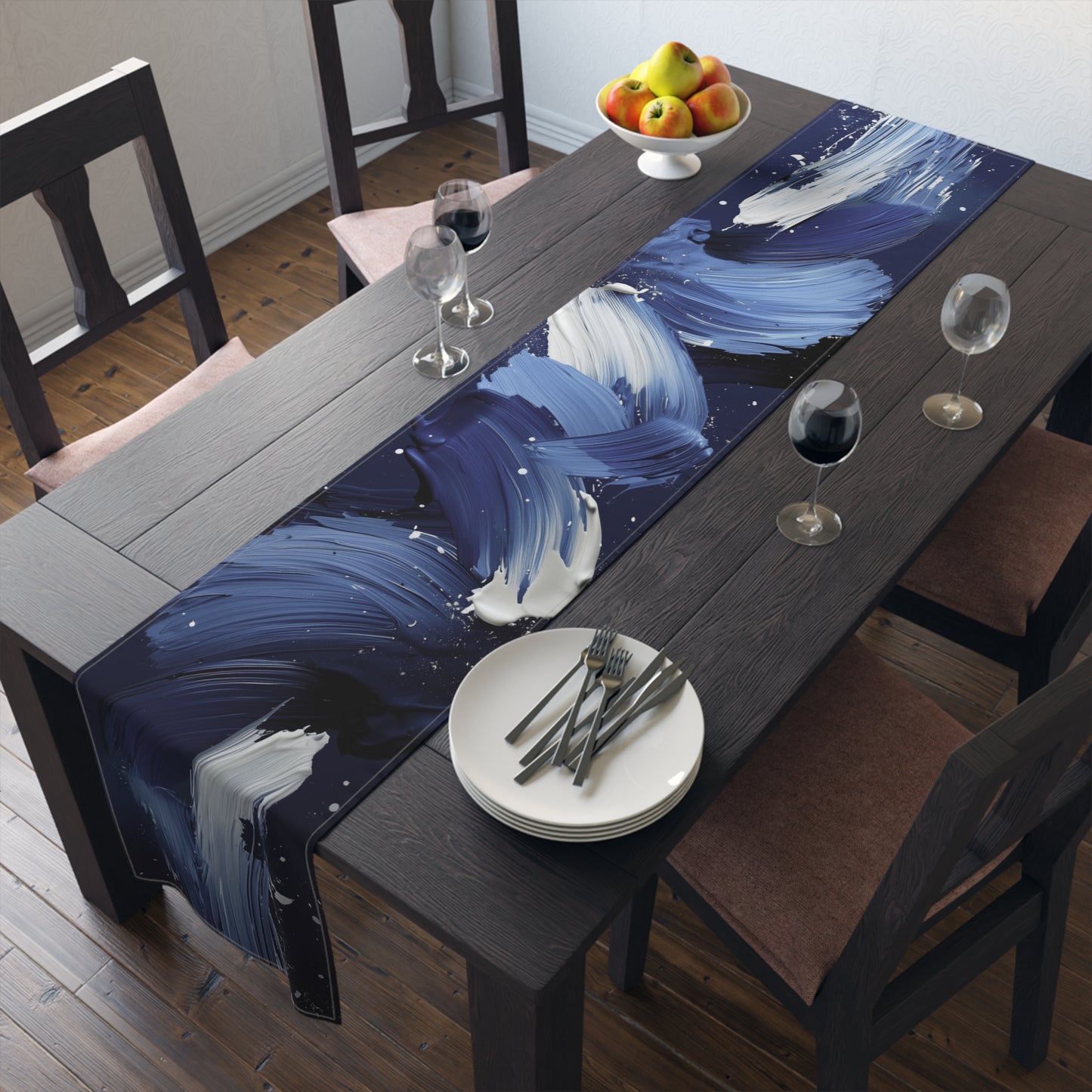 Brushstroke Table Runner, Blue, Black, and White (Cotton, Poly)