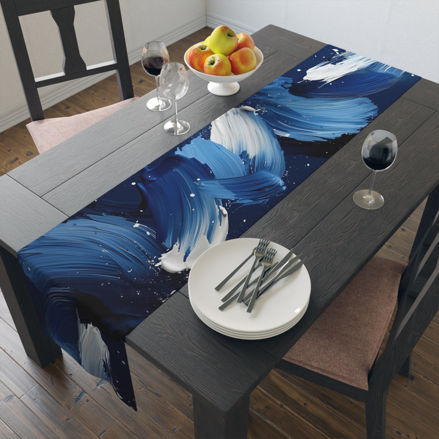 Brushstroke Table Runner, Blue, Black, and White (Cotton, Poly)