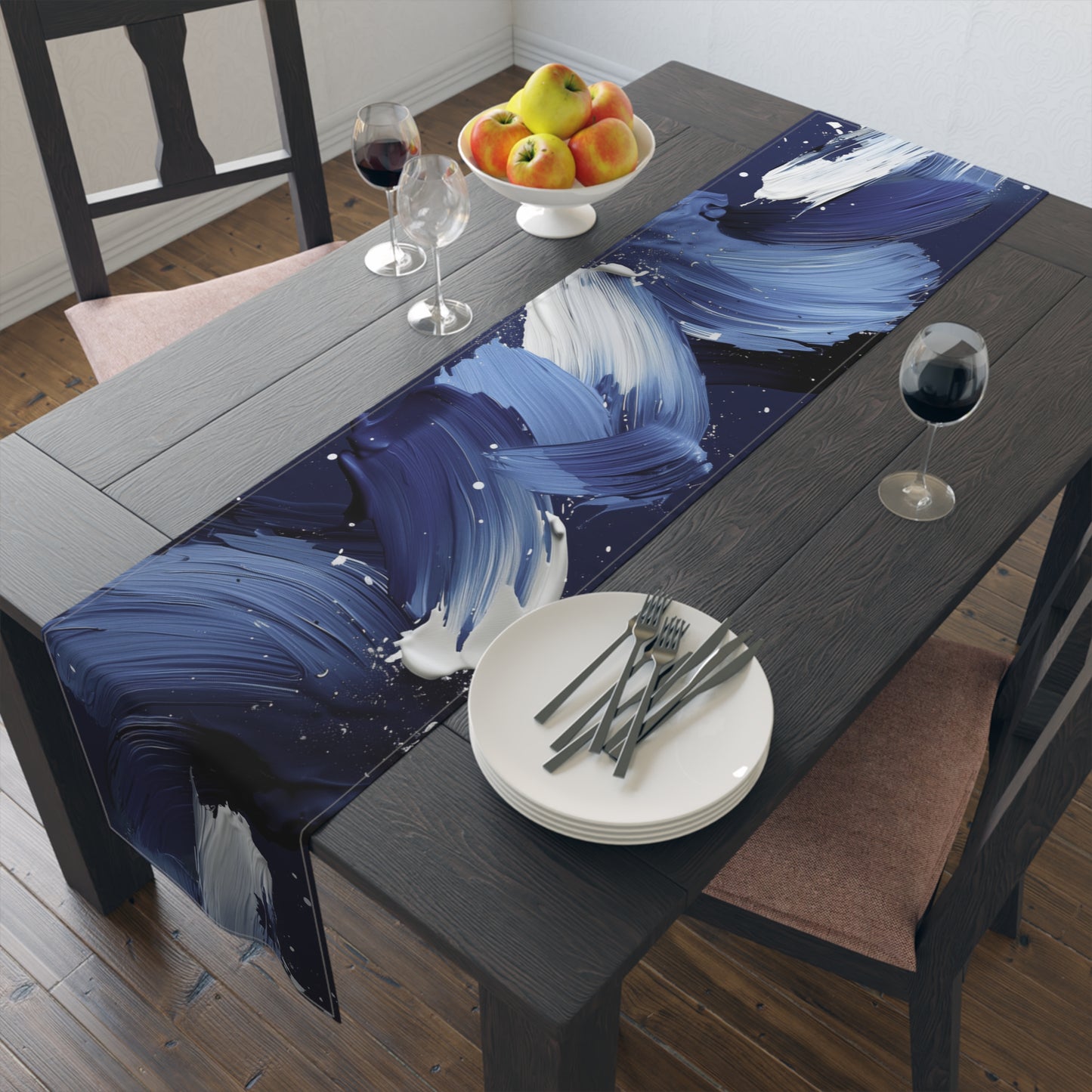 Brushstroke Table Runner, Blue, Black, and White (Cotton, Poly)