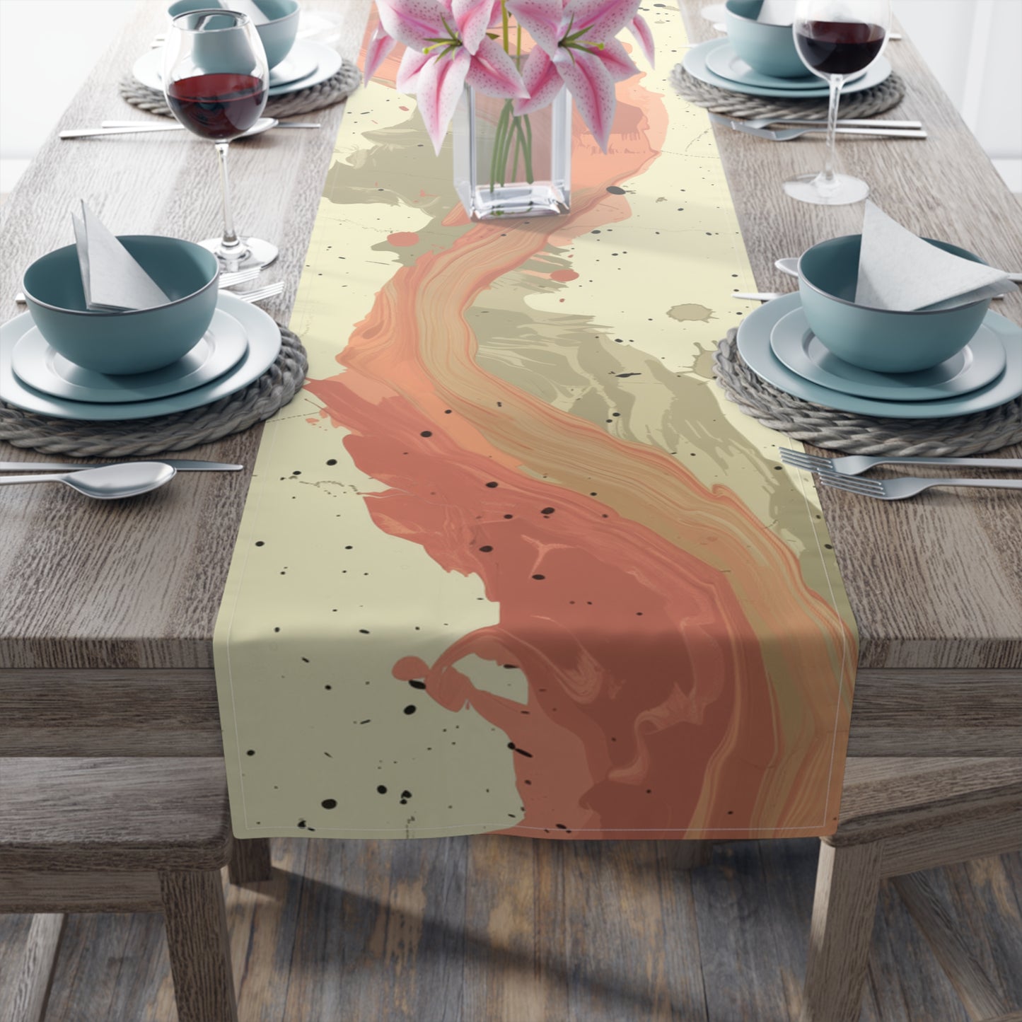 Brushstroke Table Runner, Creme and Orange (Cotton, Poly)