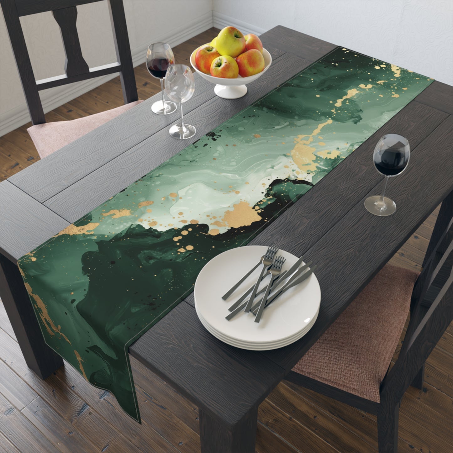 Brushstroke Table Runner, Green and Gold (Cotton, Poly)