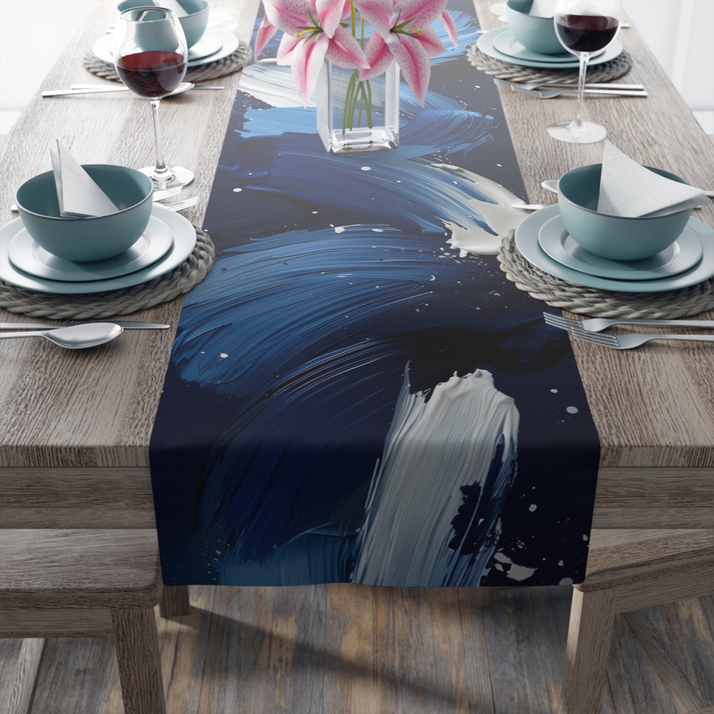 Brushstroke Table Runner, Blue, Black, and White (Cotton, Poly)
