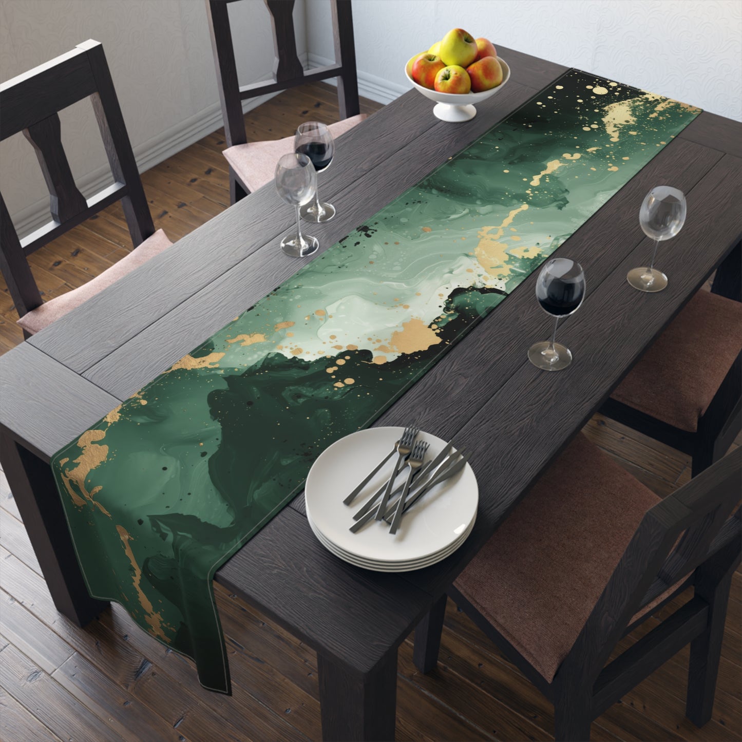 Brushstroke Table Runner, Green and Gold (Cotton, Poly)