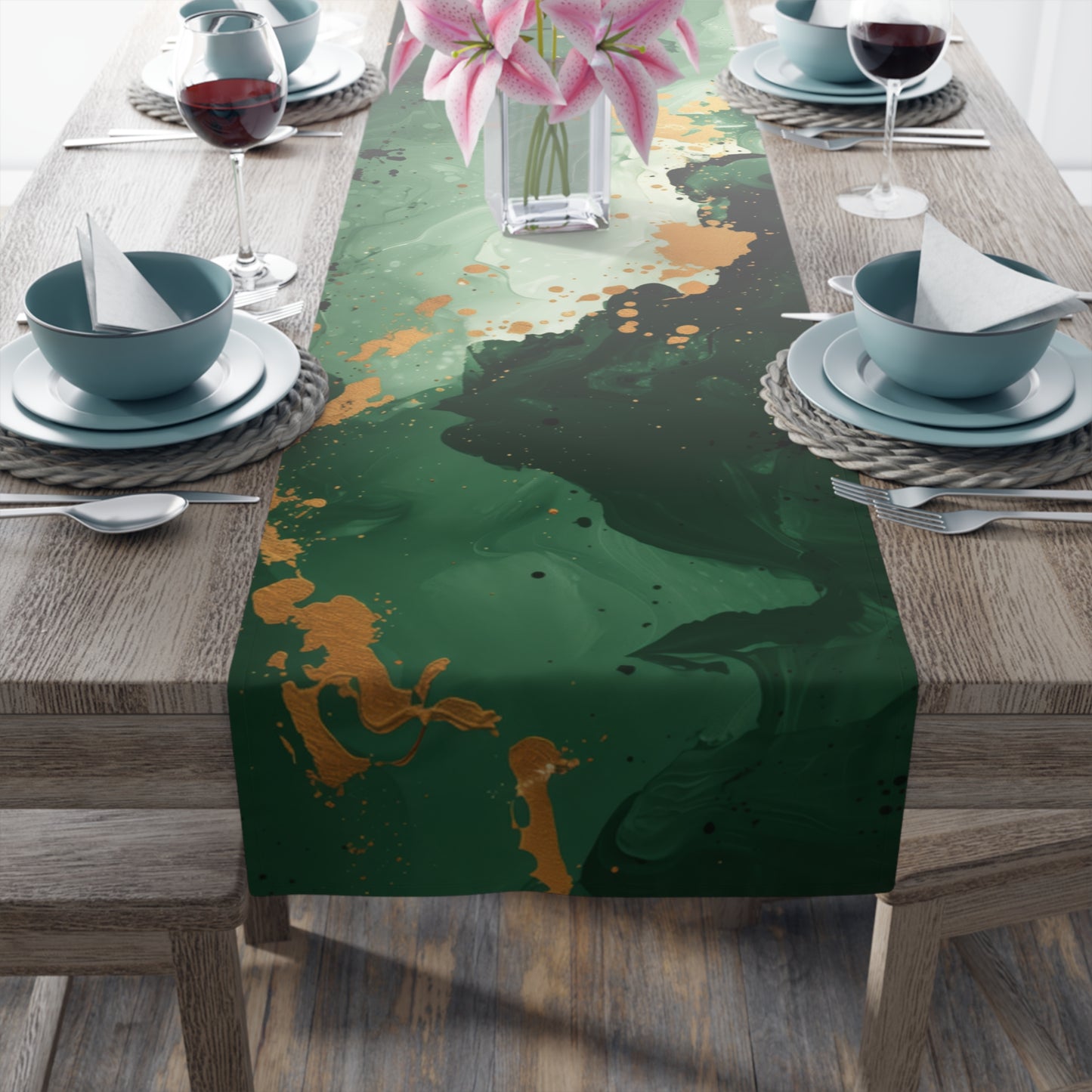 Brushstroke Table Runner, Green and Gold (Cotton, Poly)