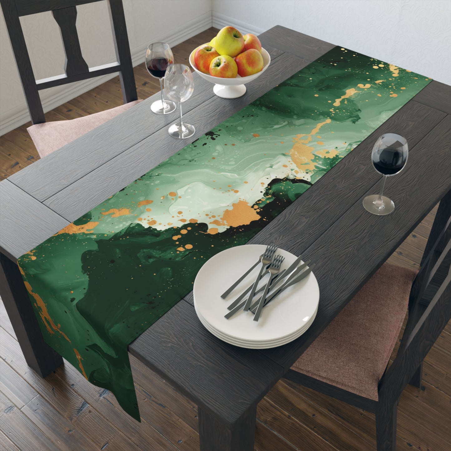 Brushstroke Table Runner, Green and Gold (Cotton, Poly)