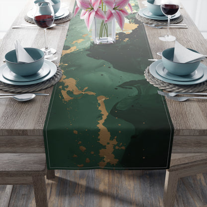 Brushstroke Table Runner, Green and Gold (Cotton, Poly)