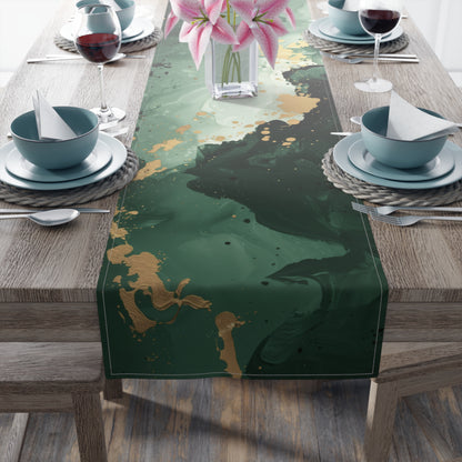 Brushstroke Table Runner, Green and Gold (Cotton, Poly)