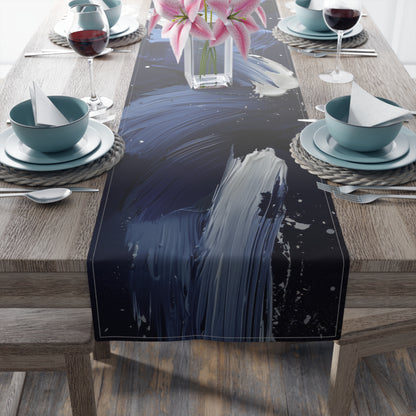 Brushstroke Table Runner, Blue, Black, and White (Cotton, Poly)