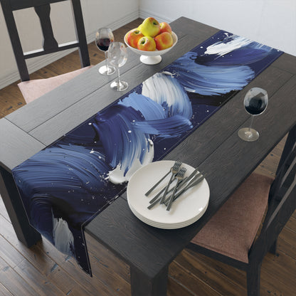Brushstroke Table Runner, Blue, Black, and White (Cotton, Poly)