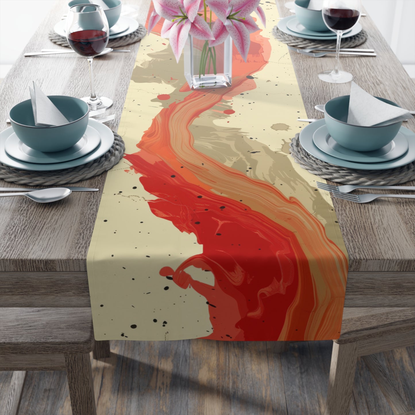 Brushstroke Table Runner, Creme and Orange (Cotton, Poly)